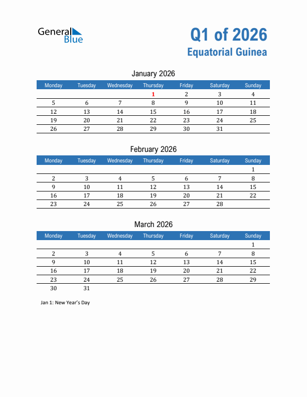 Equatorial Guinea 2026 Quarterly Calendar with Monday Start