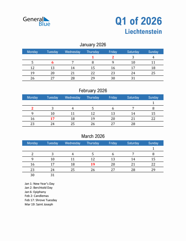 Liechtenstein 2026 Quarterly Calendar with Monday Start