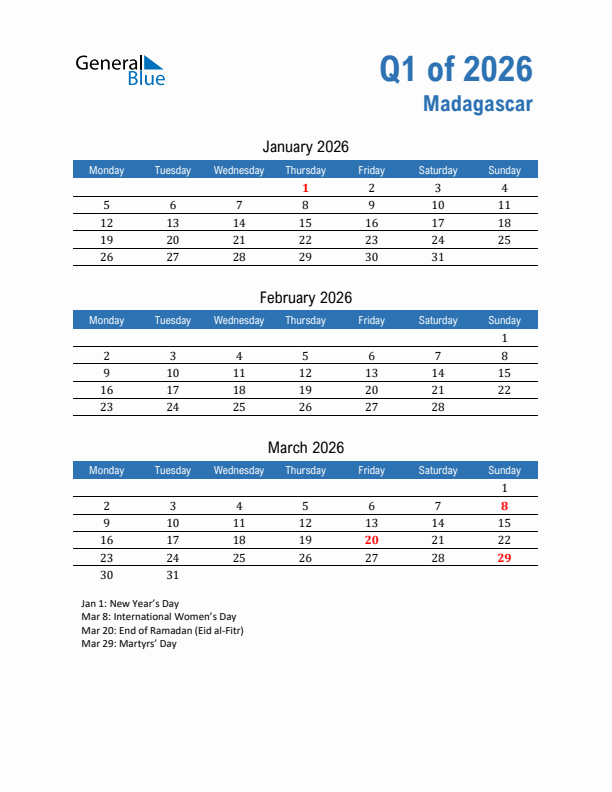 Madagascar 2026 Quarterly Calendar with Monday Start