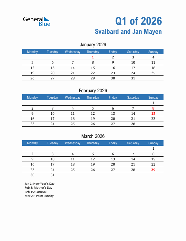 Svalbard and Jan Mayen 2026 Quarterly Calendar with Monday Start