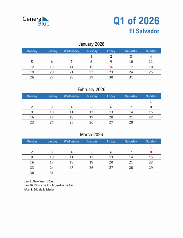 El Salvador 2026 Quarterly Calendar with Monday Start