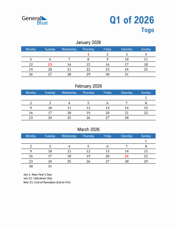 Togo 2026 Quarterly Calendar with Monday Start