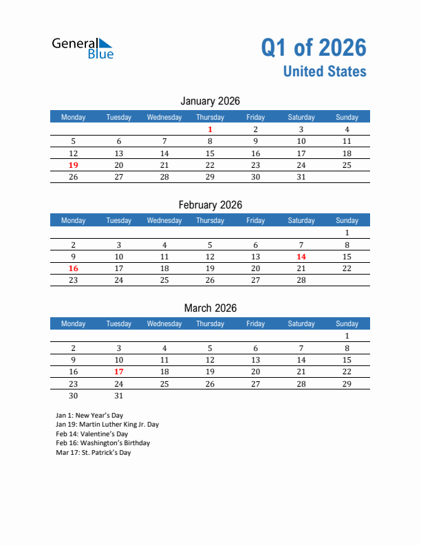 United States 2026 Quarterly Calendar with Monday Start