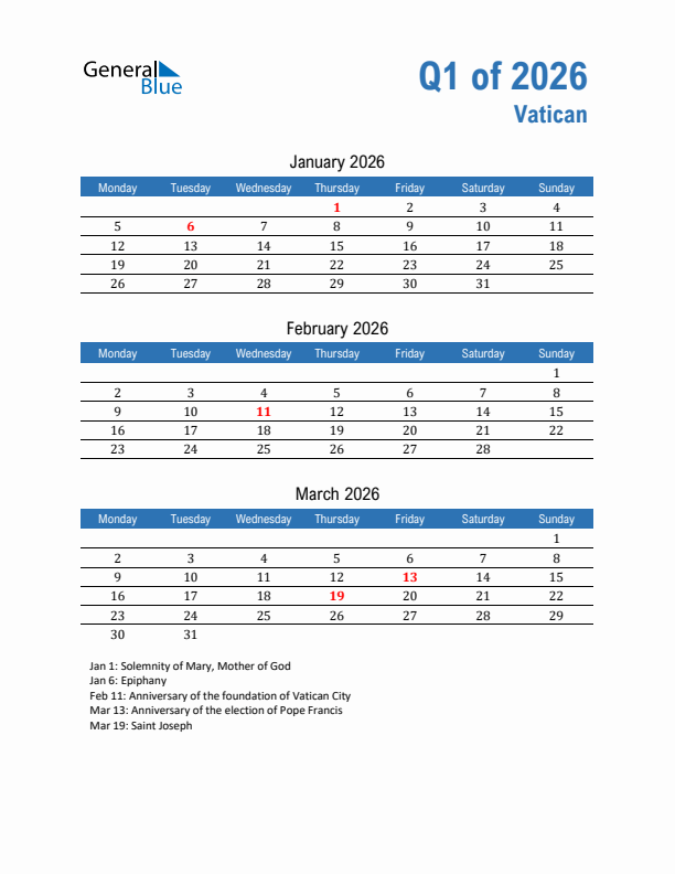 Vatican 2026 Quarterly Calendar with Monday Start