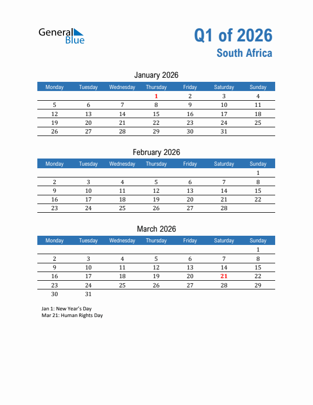 South Africa 2026 Quarterly Calendar with Monday Start