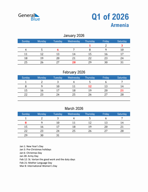 Armenia 2026 Quarterly Calendar with Sunday Start