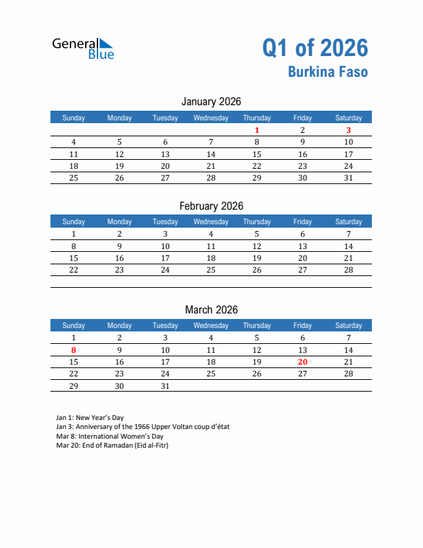 Burkina Faso 2026 Quarterly Calendar with Sunday Start