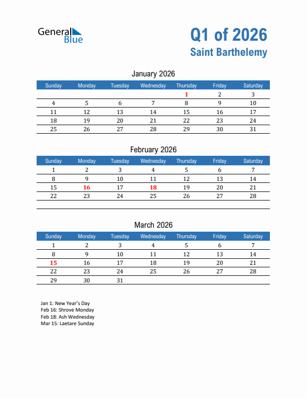 Saint Barthelemy 2026 Quarterly Calendar with Sunday Start