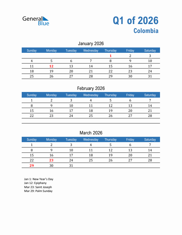 Colombia 2026 Quarterly Calendar with Sunday Start