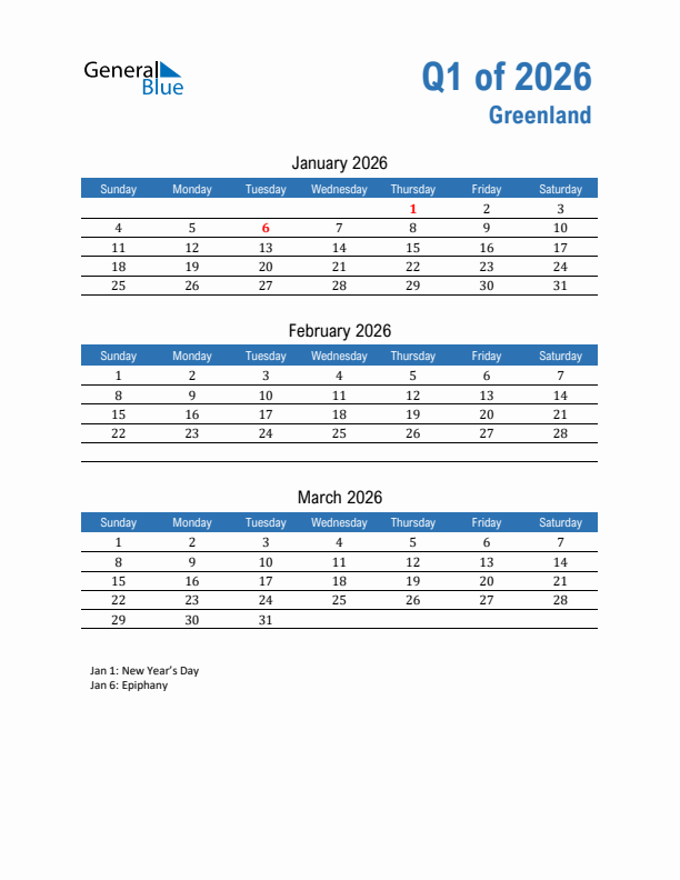 Greenland 2026 Quarterly Calendar with Sunday Start