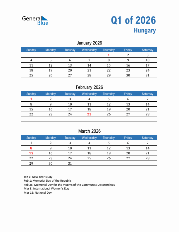 Hungary 2026 Quarterly Calendar with Sunday Start