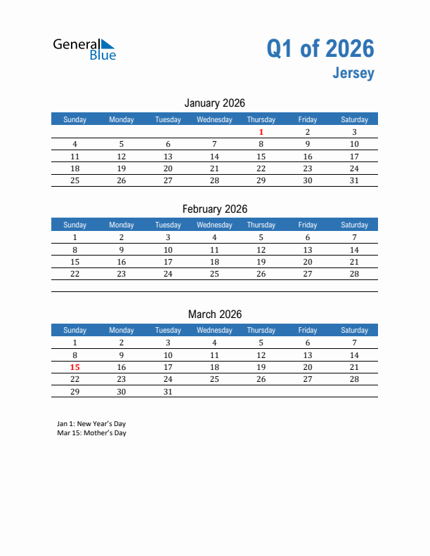 Jersey 2026 Quarterly Calendar with Sunday Start
