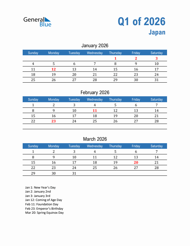 Japan 2026 Quarterly Calendar with Sunday Start