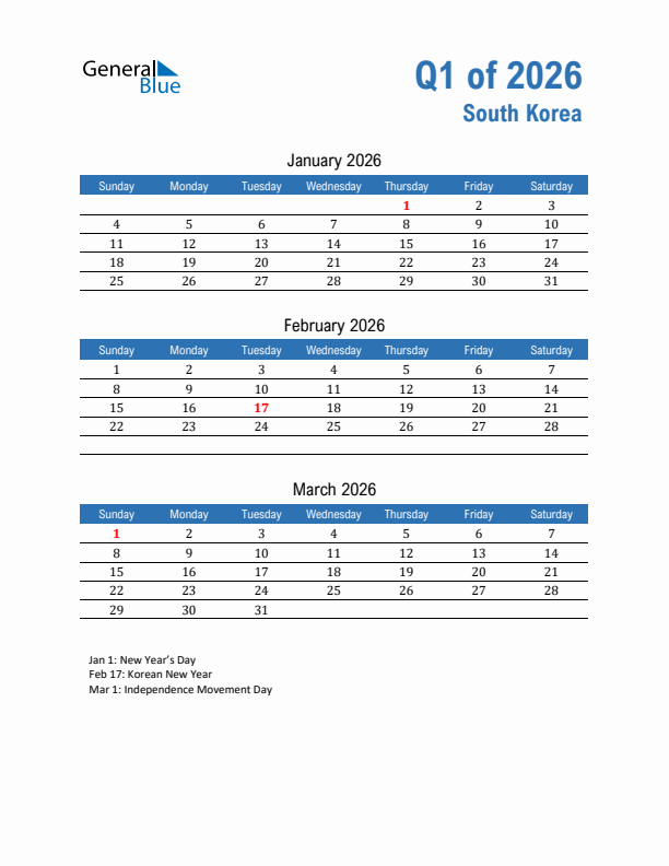 South Korea 2026 Quarterly Calendar with Sunday Start