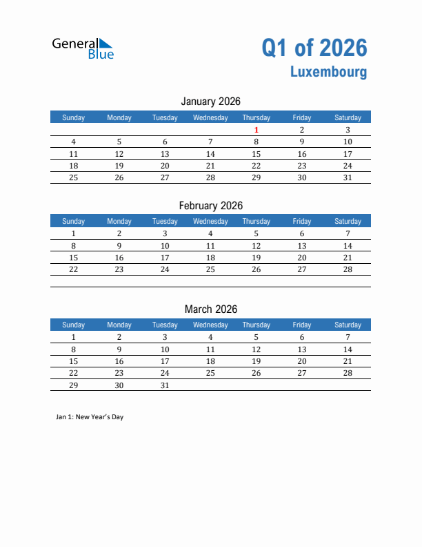 Luxembourg 2026 Quarterly Calendar with Sunday Start