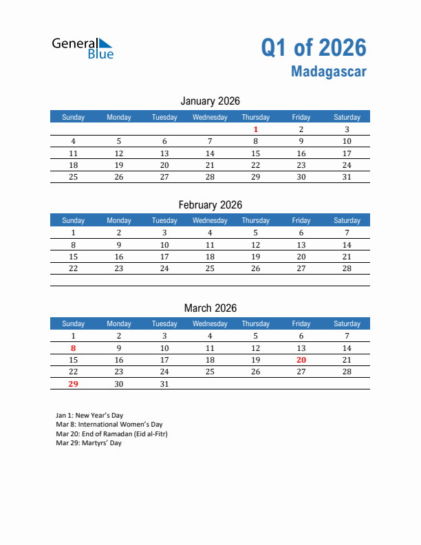 Madagascar 2026 Quarterly Calendar with Sunday Start