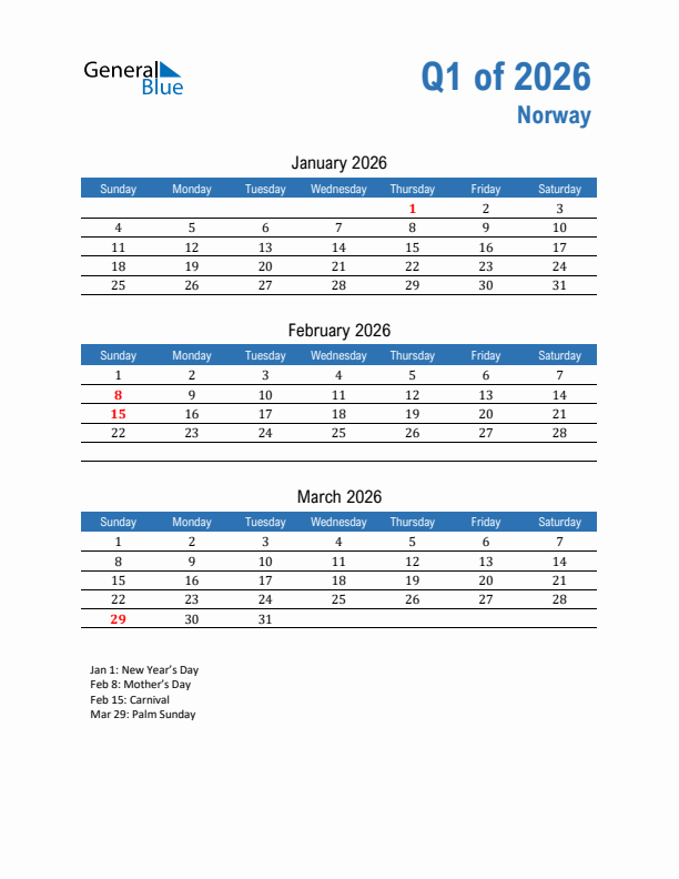 Norway 2026 Quarterly Calendar with Sunday Start