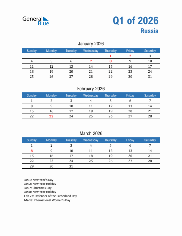 Russia 2026 Quarterly Calendar with Sunday Start