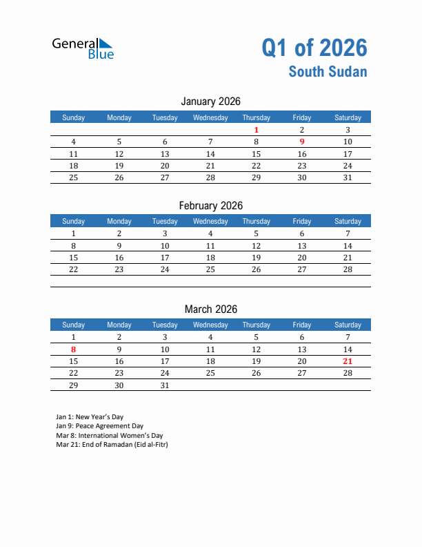 South Sudan 2026 Quarterly Calendar with Sunday Start