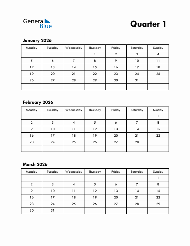 Quarter 1 2026 Calendar - Monday Start