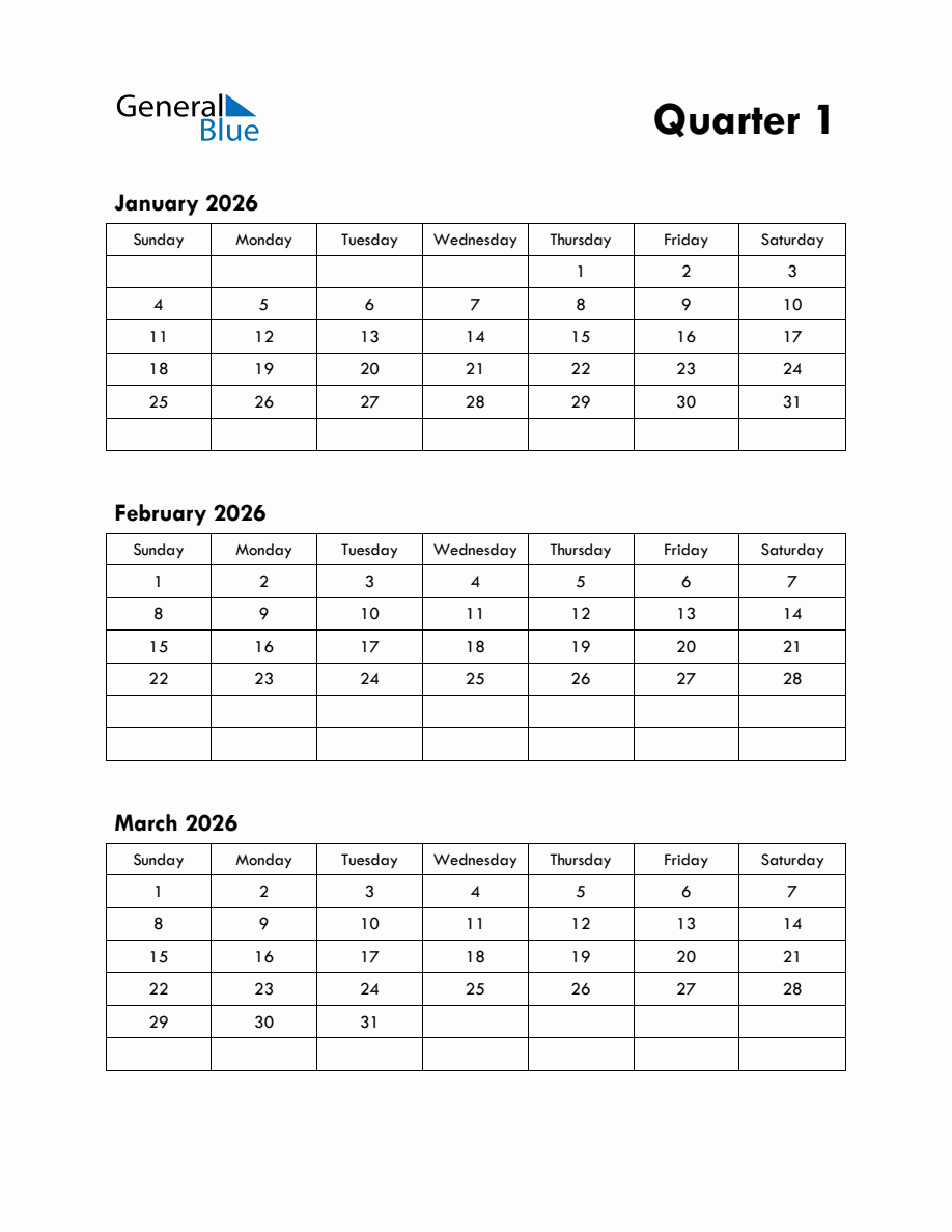 Quarter 1 2026 Calendar with Sunday Start