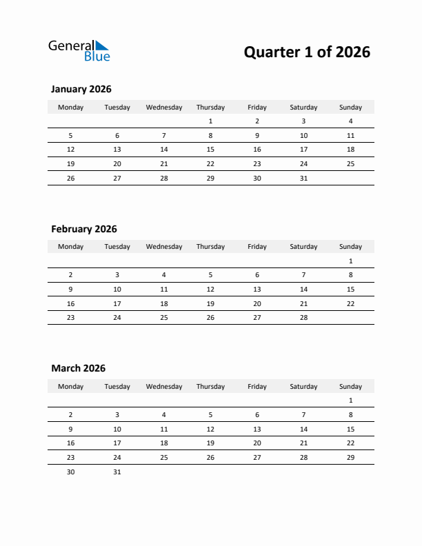 2026 Three-Month Calendar (Quarter 1)