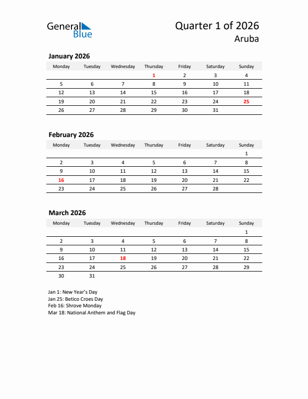 2026 Three-Month Calendar for Aruba
