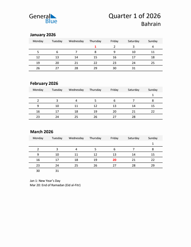 2026 Three-Month Calendar for Bahrain