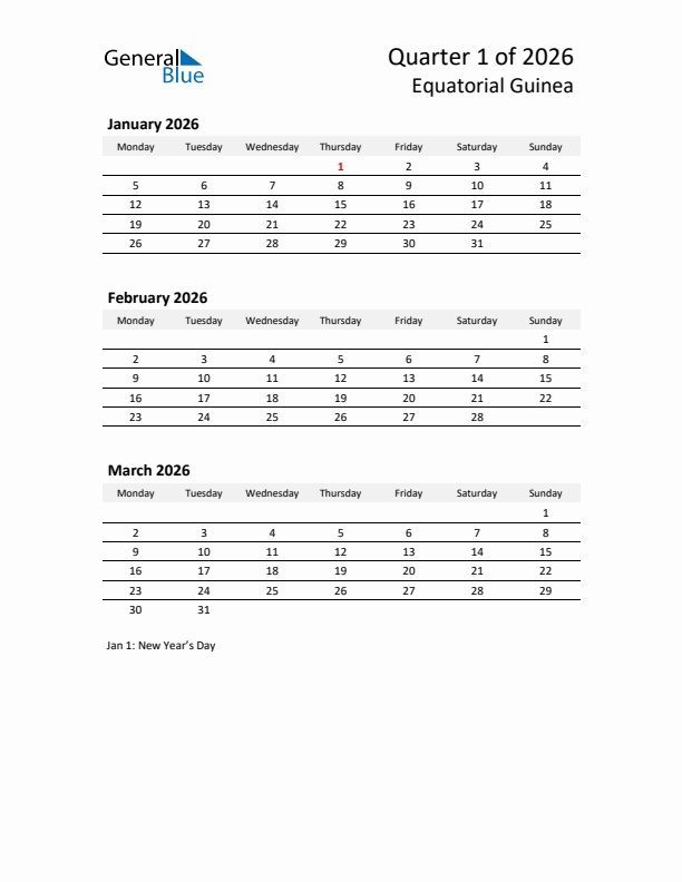 2026 Three-Month Calendar for Equatorial Guinea