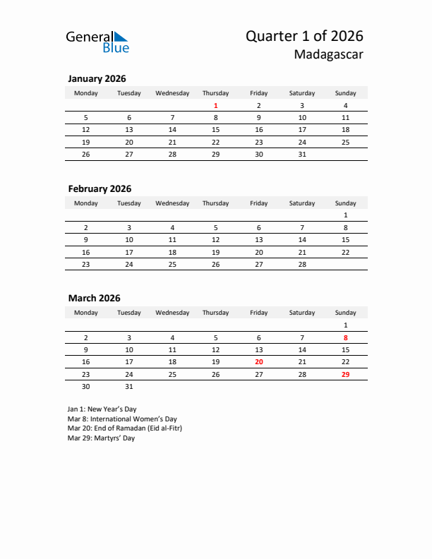 2026 Three-Month Calendar for Madagascar