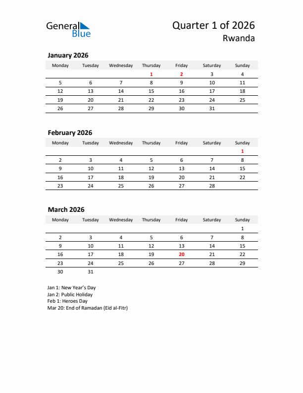 2026 Three-Month Calendar for Rwanda
