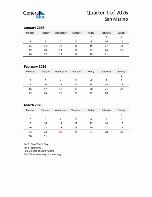 2026 Three-Month Calendar for San Marino