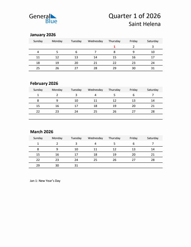 2026 Three-Month Calendar for Saint Helena