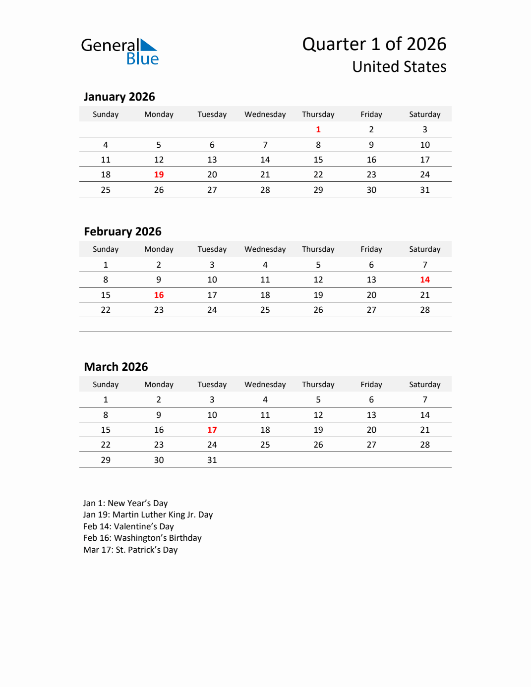 Q1 2026 Quarterly Calendar with United States Holidays (PDF, Excel, Word)