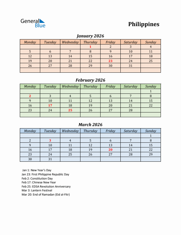 Q1 2026 Holiday Calendar - Philippines