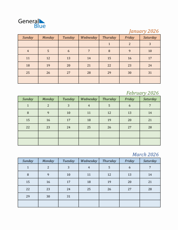 Three-Month Calendar for Year 2026 (January, February, and March)