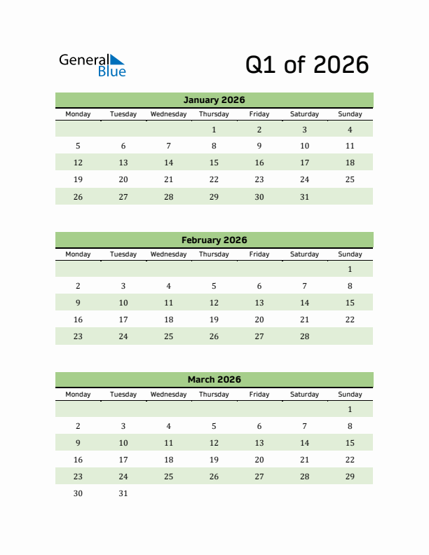 Printable Quarterly Calendar (Q1 2026)