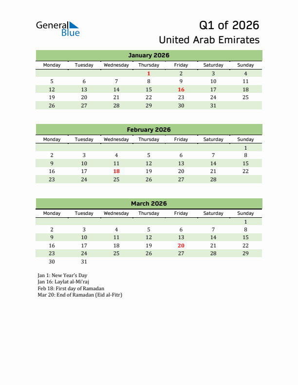 Quarterly Calendar 2026 with United Arab Emirates Holidays