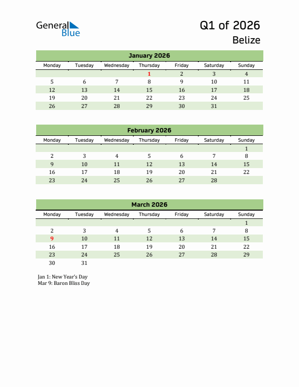 Quarterly Calendar 2026 with Belize Holidays