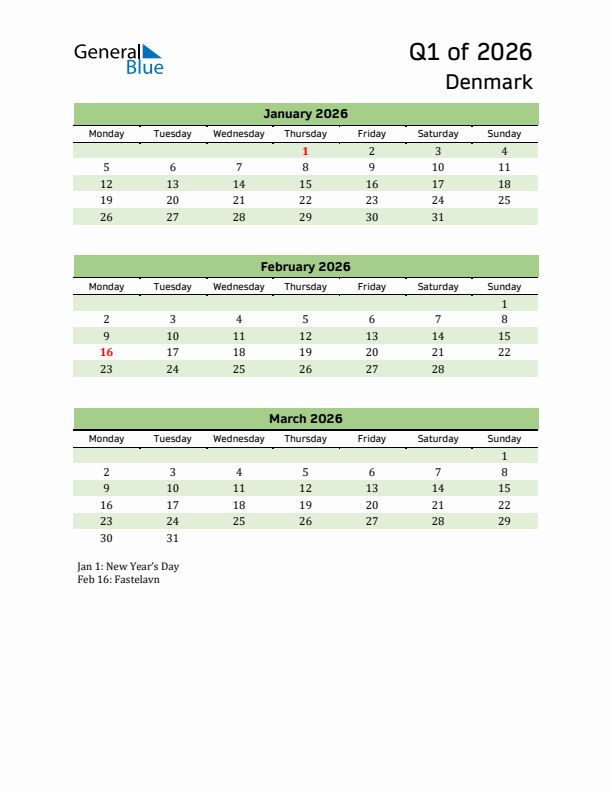 Quarterly Calendar 2026 with Denmark Holidays