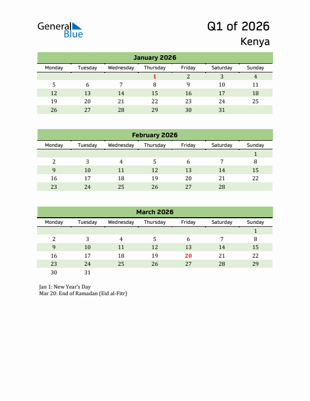 Quarterly Calendar 2026 with Kenya Holidays