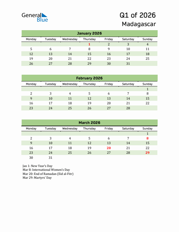 Quarterly Calendar 2026 with Madagascar Holidays