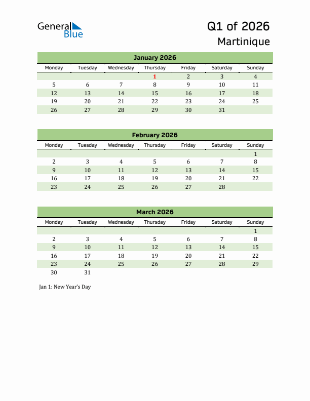 Quarterly Calendar 2026 with Martinique Holidays