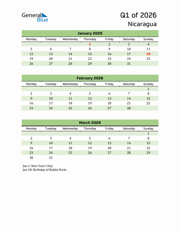 Quarterly Calendar 2026 with Nicaragua Holidays