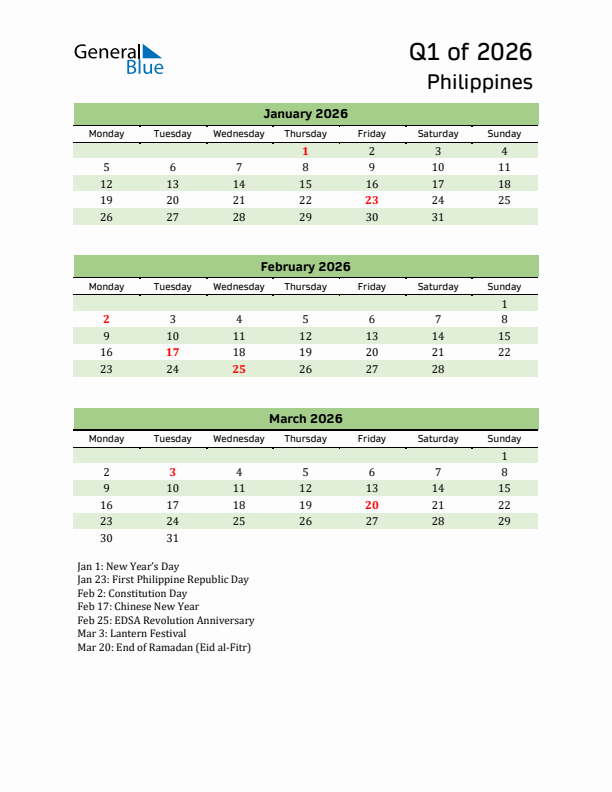 Quarterly Calendar 2026 with Philippines Holidays