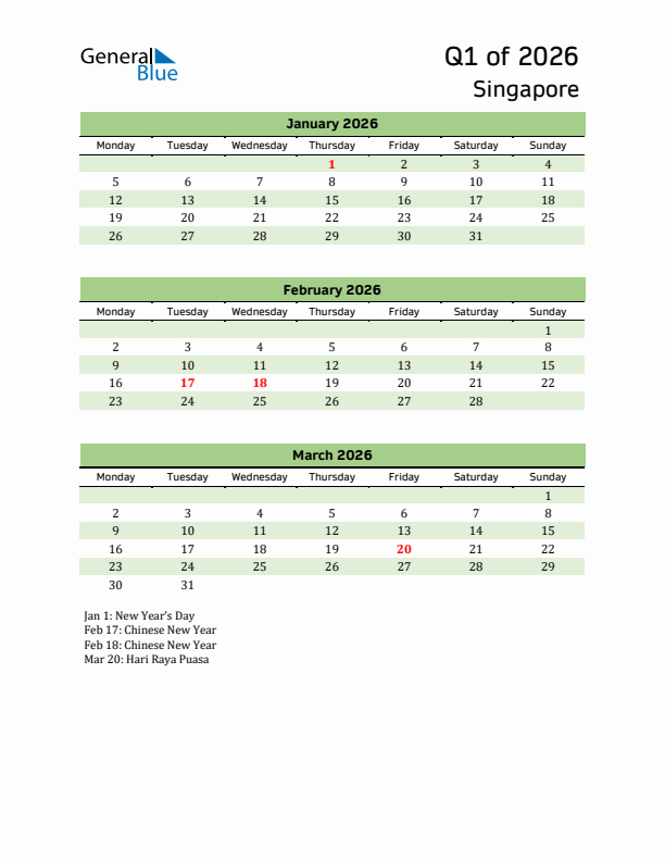 Quarterly Calendar 2026 with Singapore Holidays