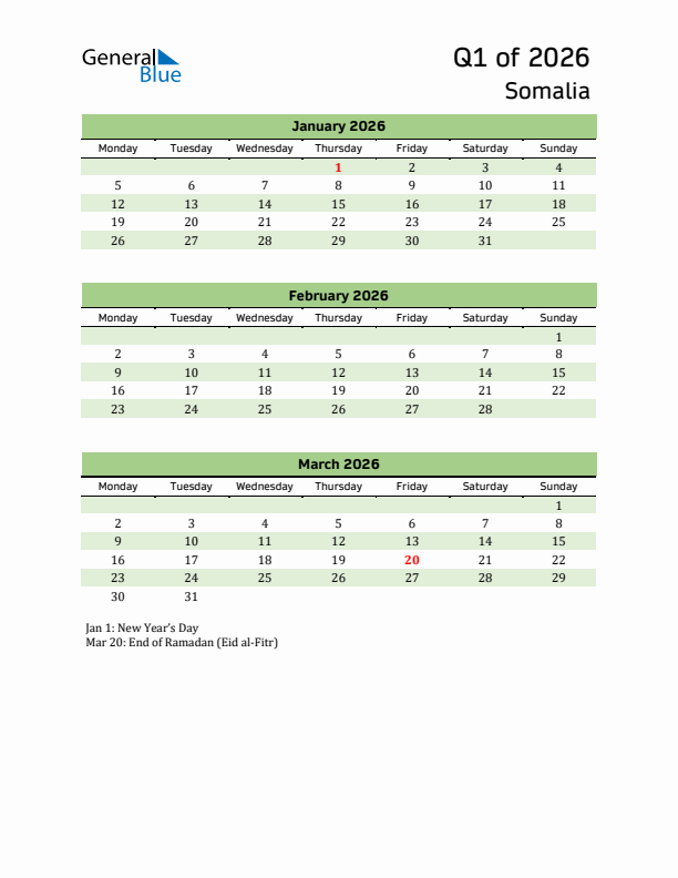 Quarterly Calendar 2026 with Somalia Holidays