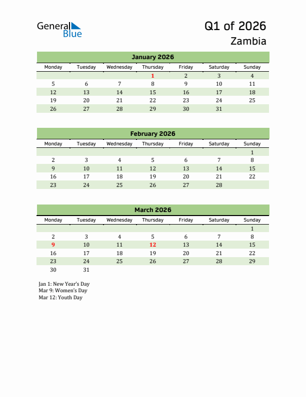 Quarterly Calendar 2026 with Zambia Holidays