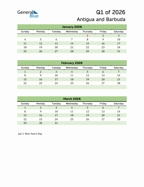 Quarterly Calendar 2026 with Antigua and Barbuda Holidays