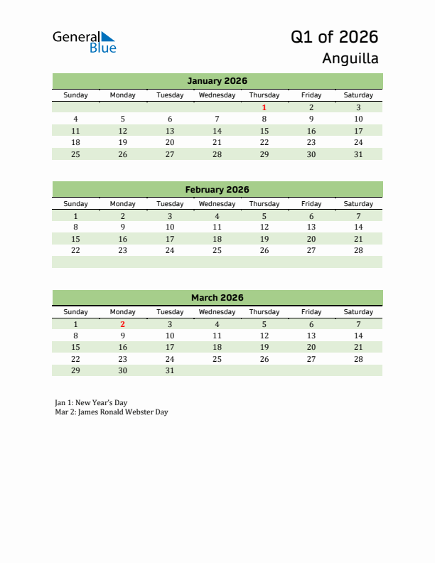 Quarterly Calendar 2026 with Anguilla Holidays